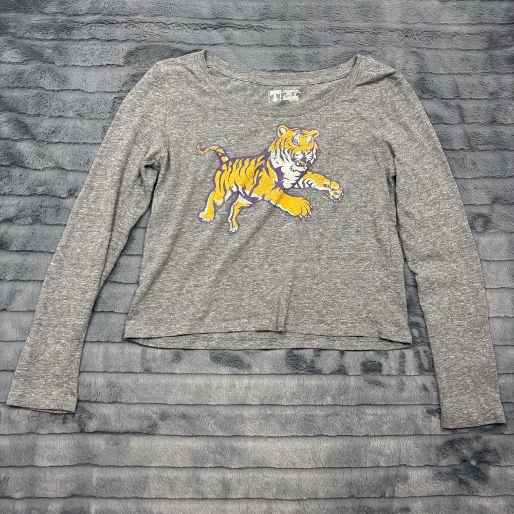 LSU University T-Shirt Co Womens Gray Tiger Graphic Long Sleeve Crop Top Size M